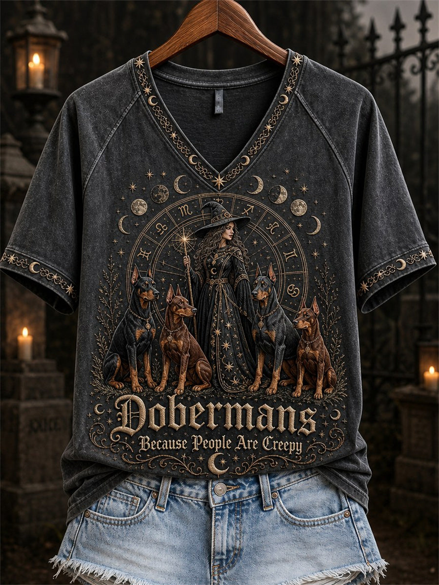Women's Dobermans Because People Are Creepy Celestial Witch & Dogs Print short-sleeved T-shirt