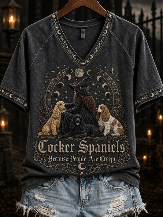 Women's Cocker Spaniels Because People Are Creepy Celestial Witch & Dogs Print short-sleeved T-shirt