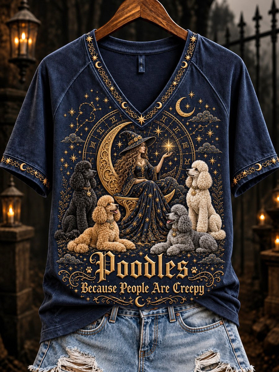 Women's Poodles Because People Are Creepy Celestial Witch & Dogs Print short-sleeved T-shirt