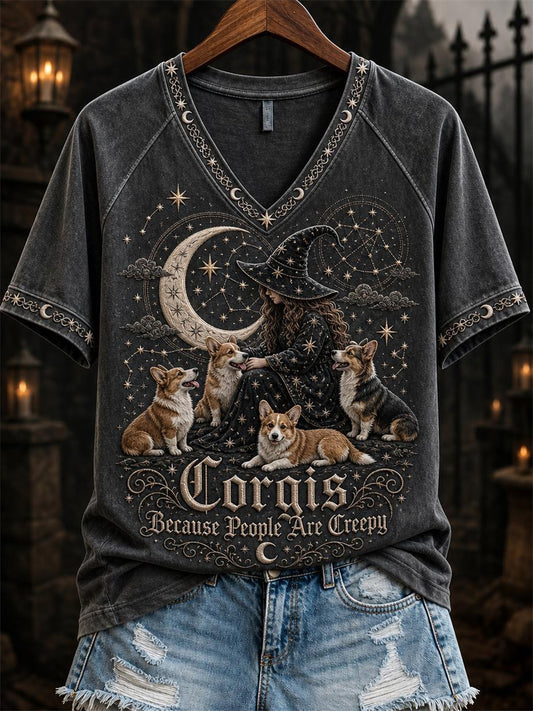 Women's Corgis Because People Are Creepy Celestial Witch & Dogs Print short-sleeved T-shirt