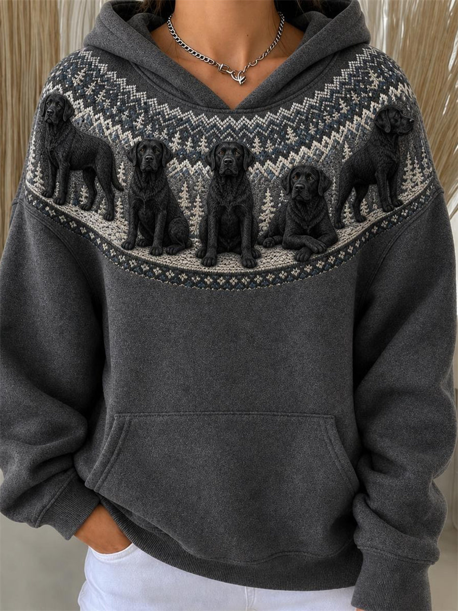 Women's Vintage Black Labrador Dogs Yoke Isle Pattern Print Hoodie