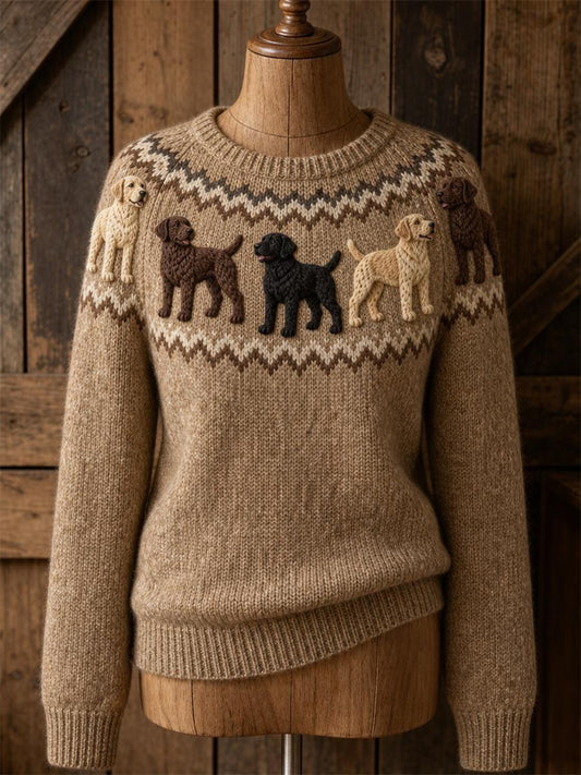 Women's Vintage Labrador Dogs Yoke Isle Print crew neck sweater