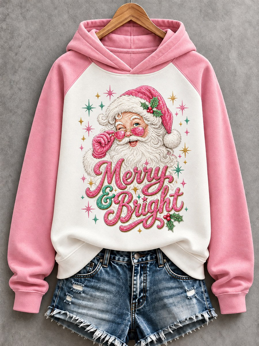 Women's Pink Santa Claus Merry And Bright Christmas Casual Hoodie