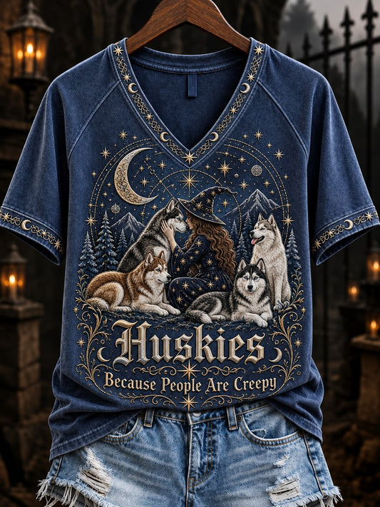 Women's Huskies Because People Are Creepy Celestial Witch & Dogs Print short-sleeved T-shirt