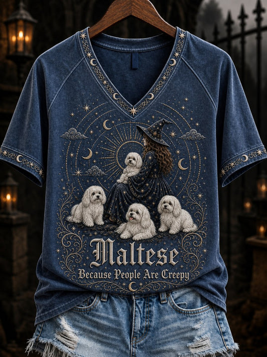 Women's Maltese Because People Are Creepy Celestial Witch & Dogs Print short-sleeved T-shirt