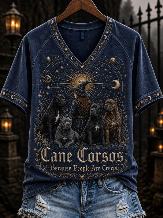 Women's Cane Corsos Because People Are Creepy Celestial Witch & Dogs Print short-sleeved T-shirt