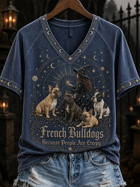 Women's French Bulldogs Because People Are Creepy Celestial Witch & Dogs Print short-sleeved T-shirt