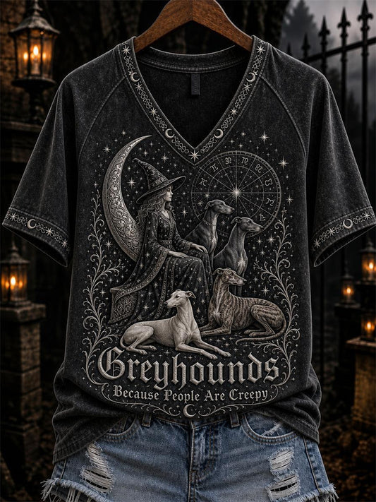 Women's Greyhounds Because People Are Creepy Celestial Witch & Dogs Print short-sleeved T-shirt
