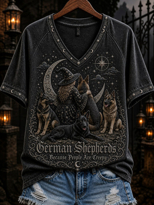 Women's German Shepherds Because People Are Creepy Celestial Witch & Dogs Print short-sleeved T-shirt