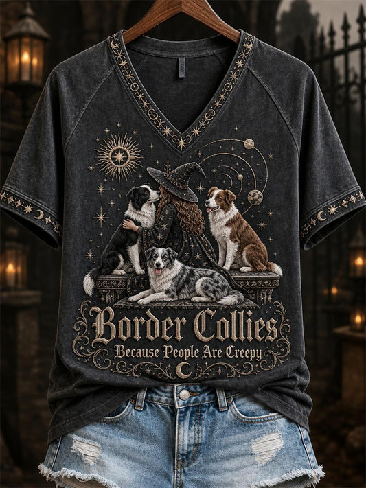 Women's Border Collies Because People Are Creepy Celestial Witch & Dogs Print short-sleeved T-shirt