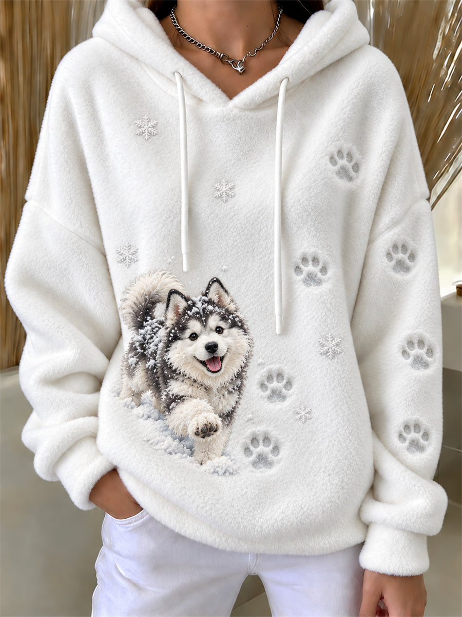 Women's Alaskan Malamute & Paw Prints in the snow Print Cozy Flannel Hoodie