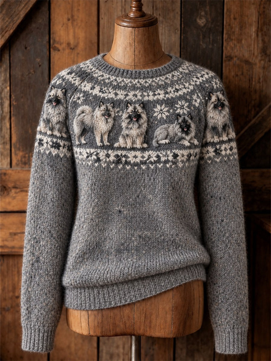 Women's Vintage Keeshond Dogs Yoke Isle Print crew neck sweater