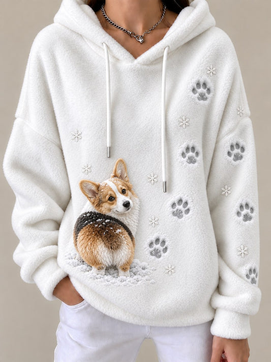 Women's Corgi Dog & Paw Prints in the snow Print Cozy Flannel Hoodie