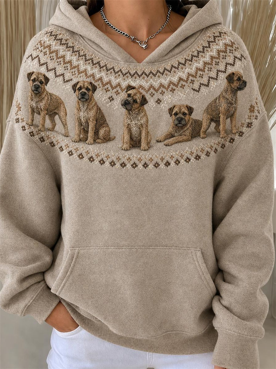 Women's Vintage Border Terrier Dogs Yoke Isle Pattern Print Hoodie