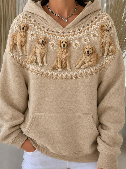 Women's Vintage Golden Retriever Dogs Yoke Isle Pattern Print Hoodie