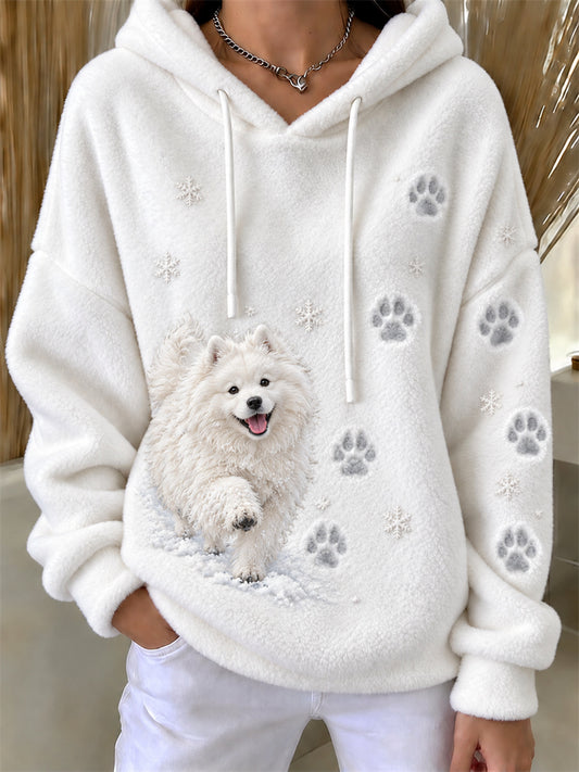 Women's Samoyed Dog & Paw Prints in the snow Print Cozy Flannel Hoodie