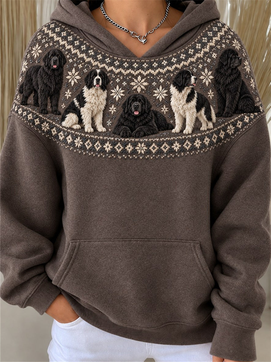 Women's Vintage Newfoundland Dogs Yoke Isle Pattern Print Hoodie