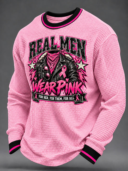 Men's Real Men Wear Pink Breast Cancer Awareness Print Waffle Sweatshirt