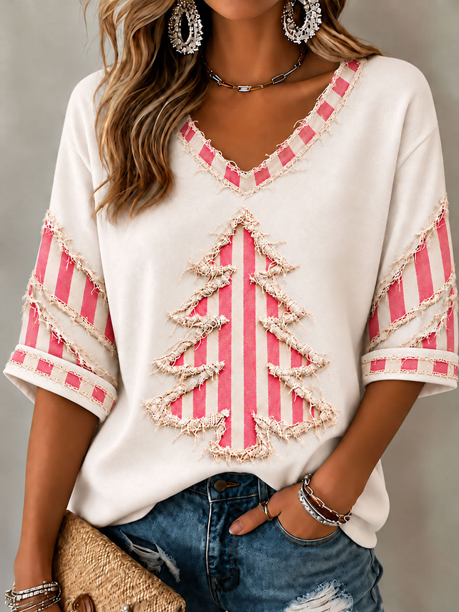 Women's Vintage Christmas Tree Art Mid-length Sleeves V-Neck T-Shirt