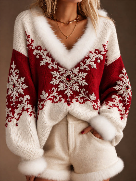 Women's Classy Christmas Snowflakes Contrast Color Print Fur Trim V Neck Sweater