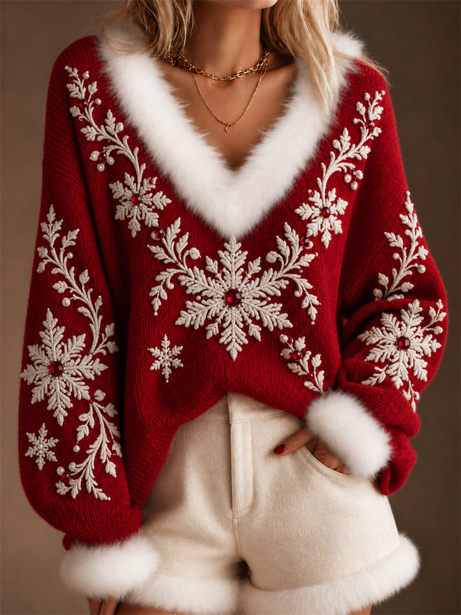 Women's Classy Christmas Snowflakes Print Fur Trim V Neck Sweater