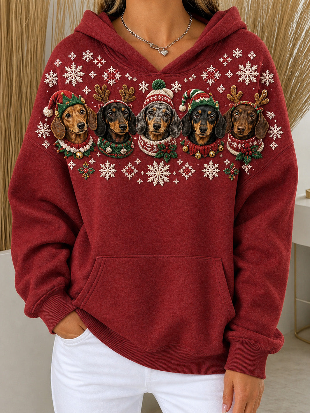 Women's Christmas-themed dachshunds pattern casual hoodie