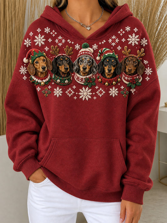 Women's Christmas-themed dachshunds pattern casual hoodie