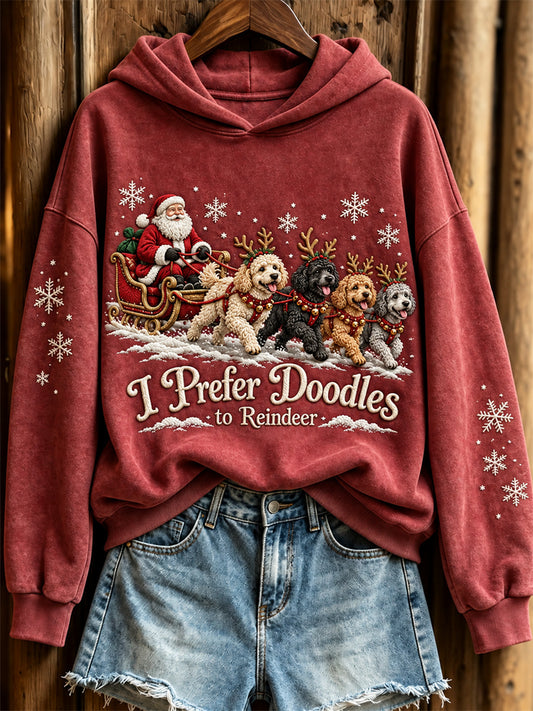 Women's I Prefer Doodles to Reindeer Christmas Santa Claus & Dogs Print Hoodie