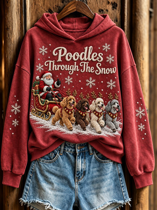 Women's Poodles Through the Snow Christmas Santa Claus & Dogs Print Hoodie
