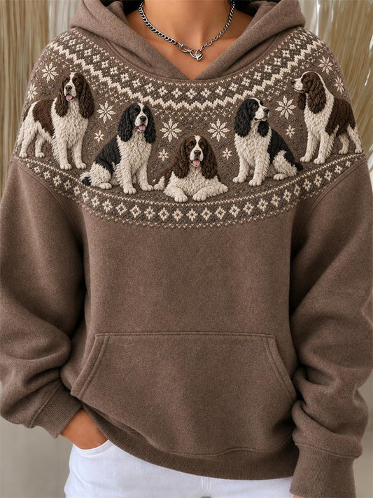 Women's Vintage Springer Dogs Yoke Isle Pattern Print Hoodie