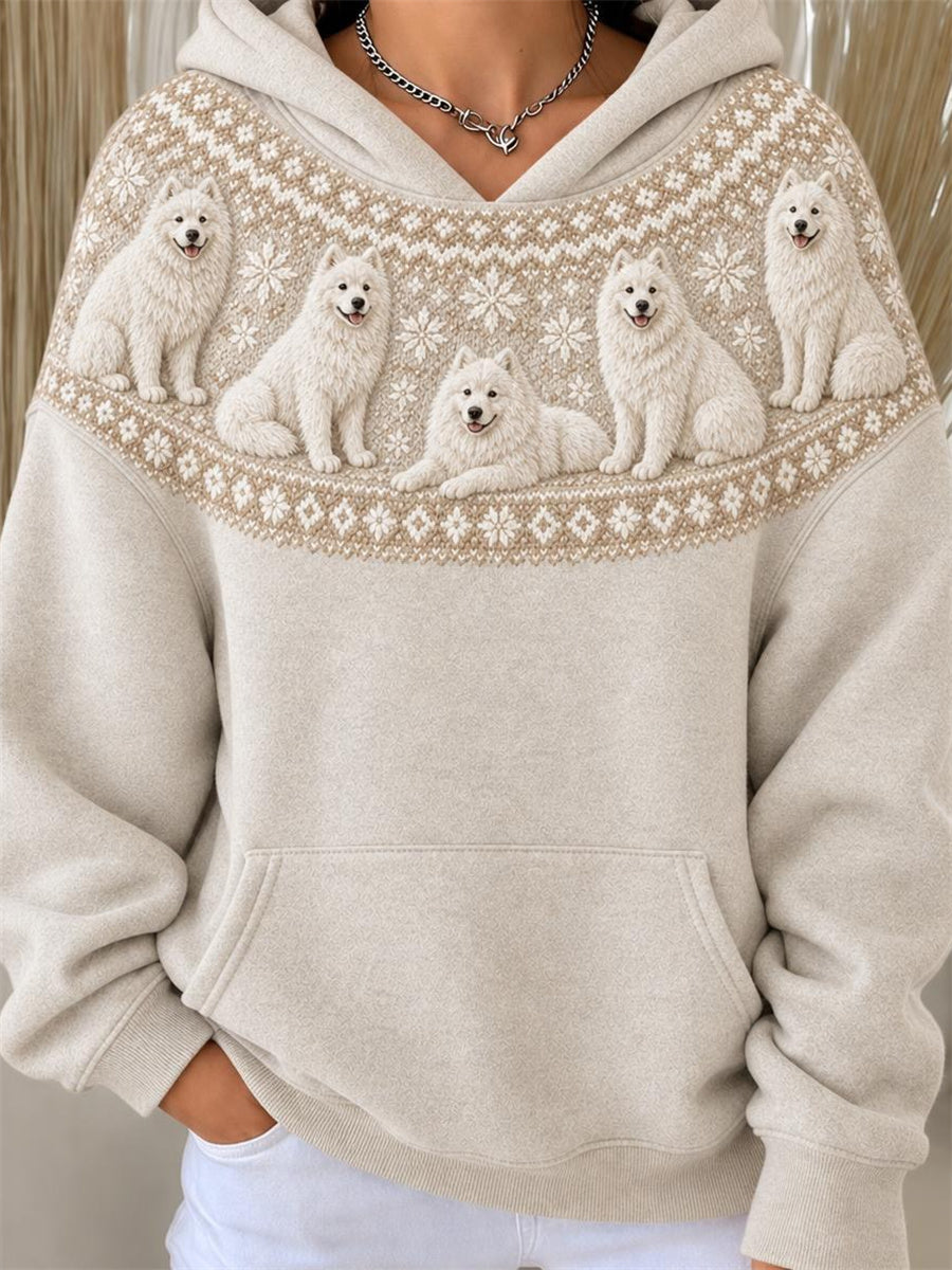Women's Vintage Samoyed Dogs Yoke Isle Pattern Print Hoodie