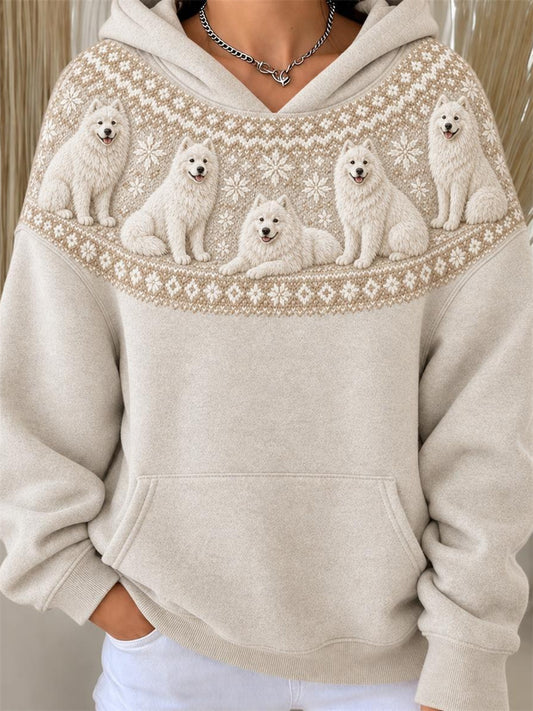 Women's Vintage Samoyed Dogs Yoke Isle Pattern Print Hoodie