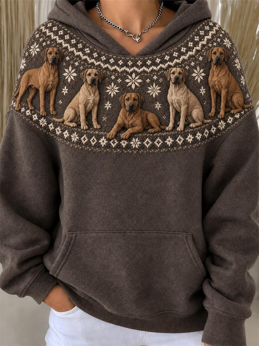 Women's Vintage Rhodesian Ridgeback Dogs Yoke Isle Pattern Print Hoodie