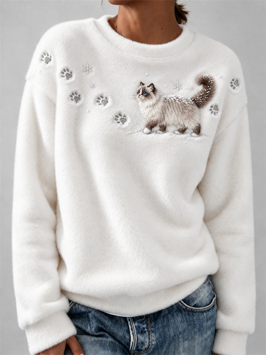 Women's Ragdoll Cat in the Snow Paw Prints & Snowflakes Print Cozy Flannel Sweatshirt