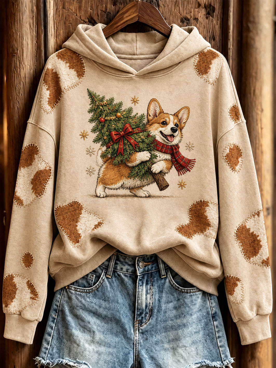 Women's Corgi And Christmas tree Pattern Causal Hoodie