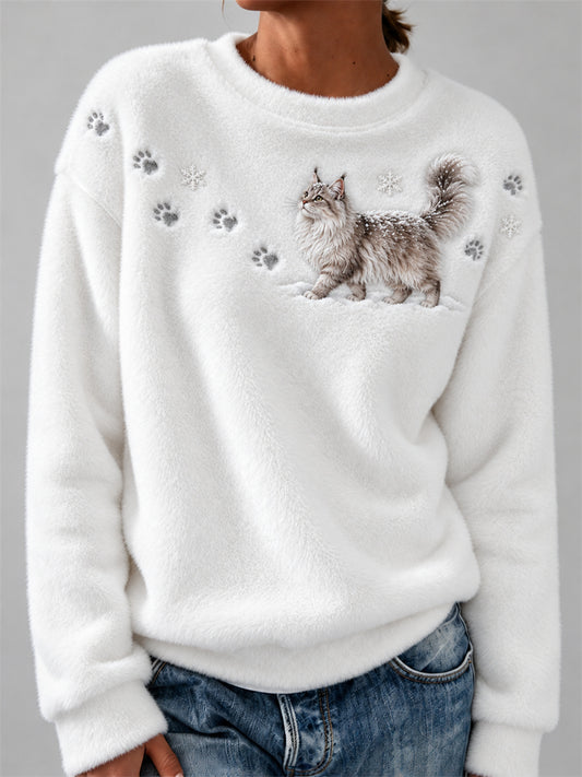 Women's Maine Coon Cat in the Snow Paw Prints & Snowflakes Print Cozy Flannel Sweatshirt