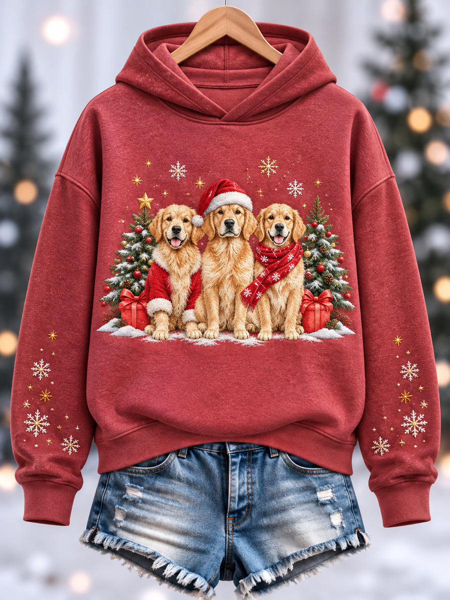 Women's Cute Golden Retrievers Merry Christmas Print Casual Hoodie