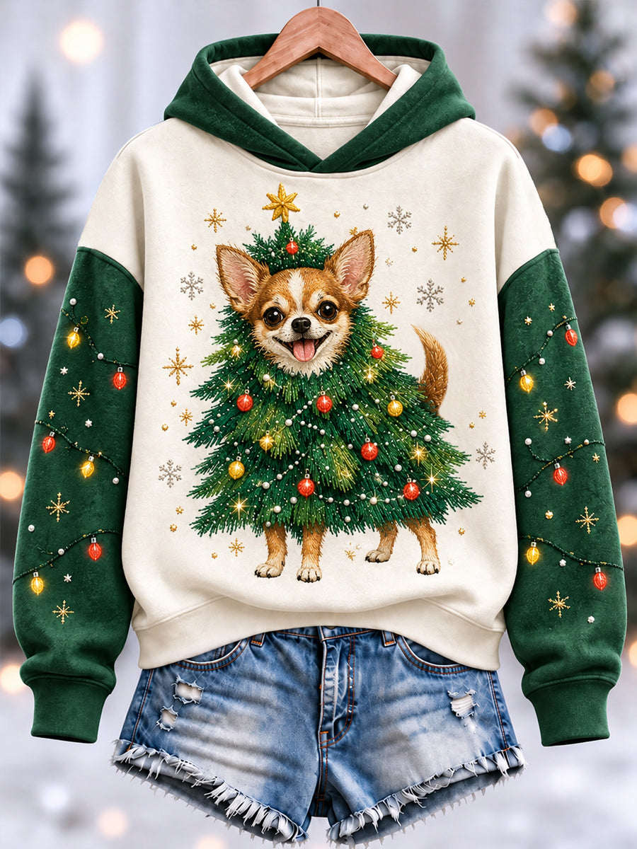 Women's Funny Cute Chihuahua Christmas Tree Print Casual Hoodie