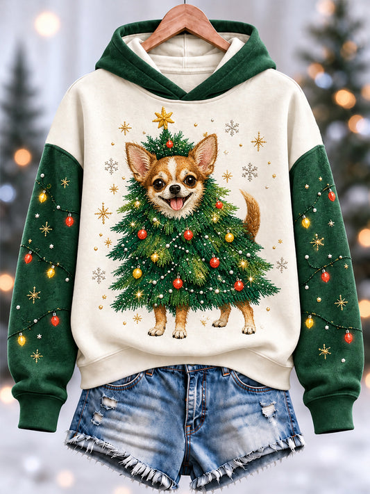 Women's Funny Cute Chihuahua Christmas Tree Print Casual Hoodie