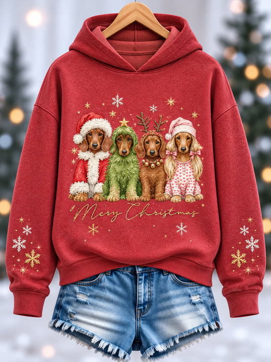 Women's Cute Dachshunds  Merry Christmas Print Casual Hoodie