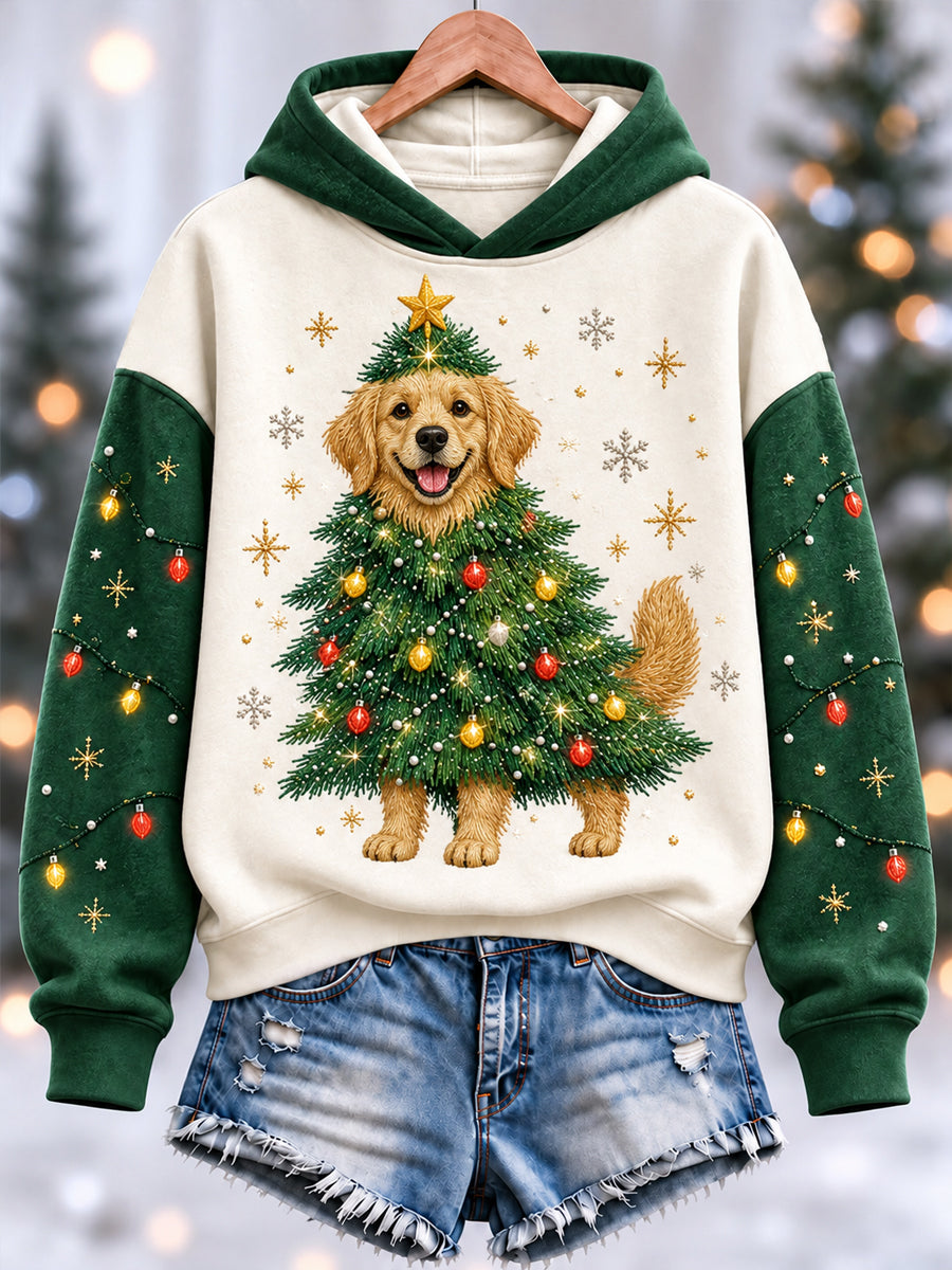 Women's Funny Cute Golden Retriever Christmas Tree Print Casual Hoodie