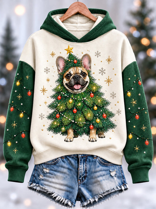 Women's Funny Cute French Bulldog Christmas Tree Print Casual Hoodie