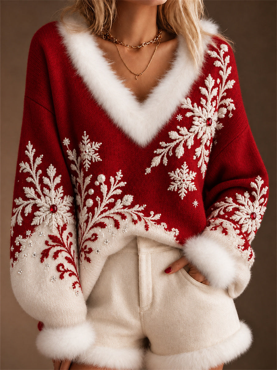 Women's Classy Christmas Snowflakes Contrast Color Print Fur Trim V Neck Sweater