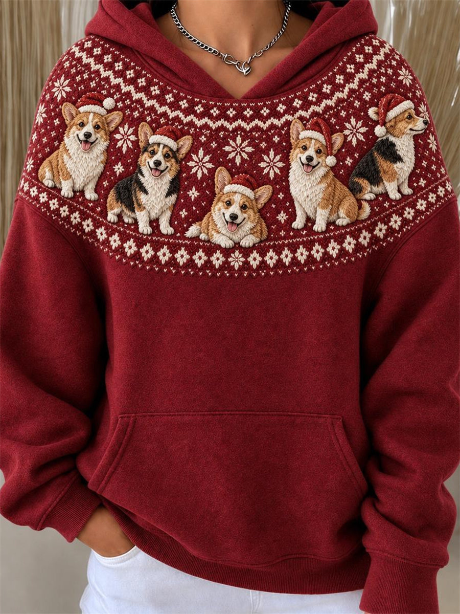 Women's Christmas Corgi Dogs Yoke Isle Pattern Print Hoodie