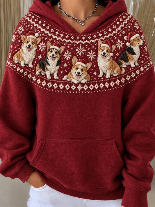 Women's Christmas Corgi Dogs Yoke Isle Pattern Print Hoodie