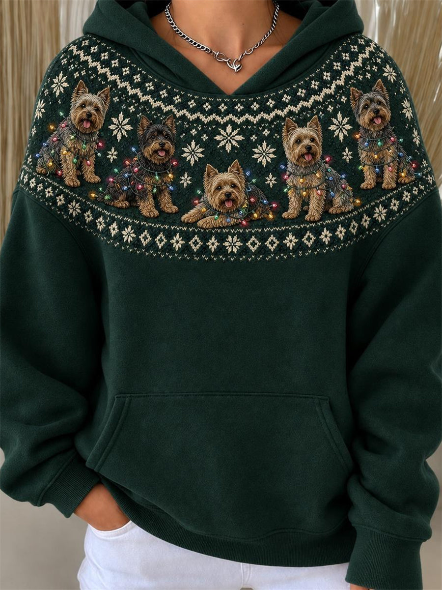 Women's Christmas Yorkie Dogs Yoke Isle Pattern Print Hoodie