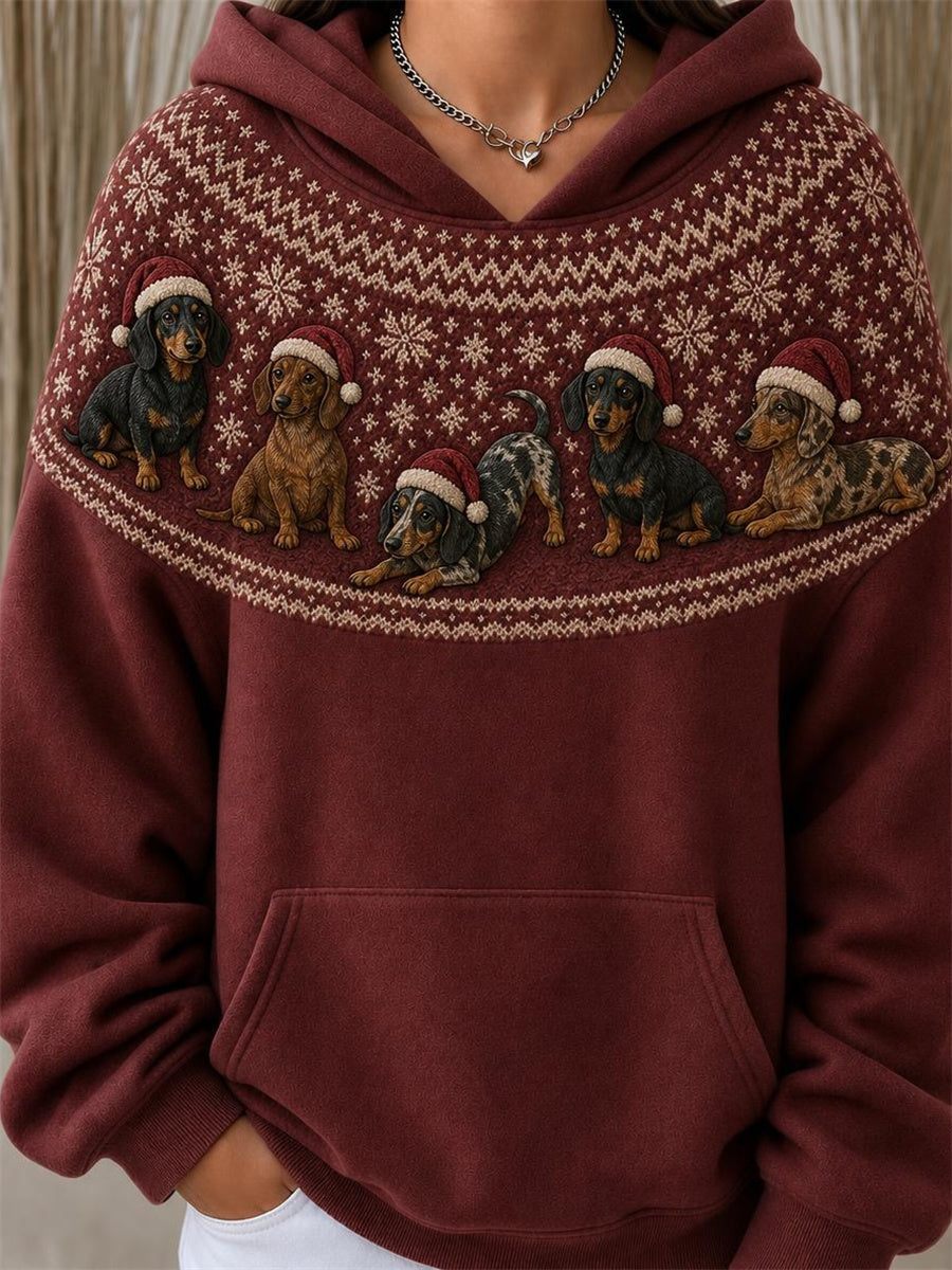 Women's Christmas Dachshund Dogs Yoke Isle Pattern Print Hoodie