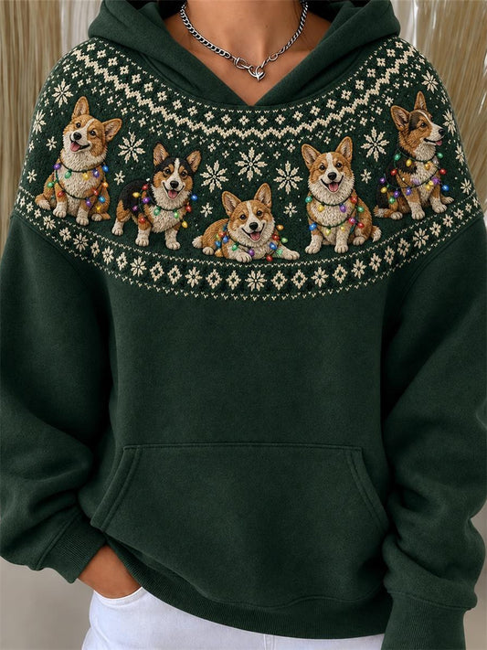 Women's Christmas Corgi Dogs Yoke Isle Pattern Print Hoodie