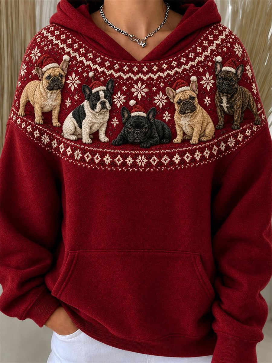 Women's Christmas French Bulldogs Yoke Isle Pattern Print Hoodie