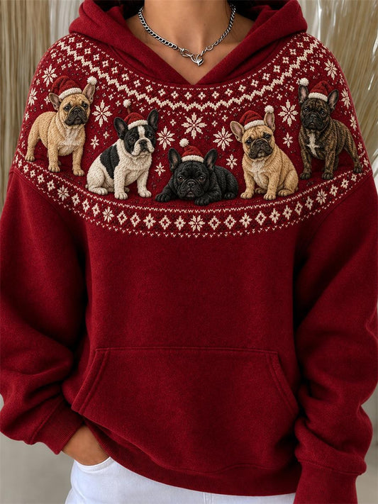 Women's Christmas French Bulldogs Yoke Isle Pattern Print Hoodie